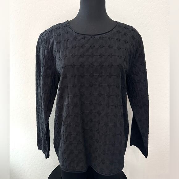 FOCUS | Black Quilted Textured Cotton Long Sleeve Top | Size Medium - Picture 2 of 7